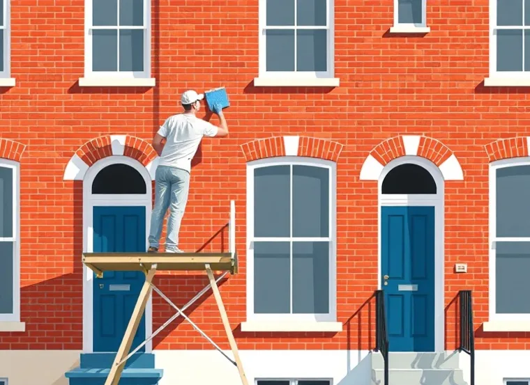 Peintre sur échafaudage traitant la façade d'une maison